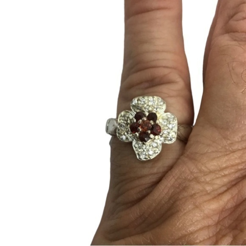 Sterling silver red & white gemstone floral ring